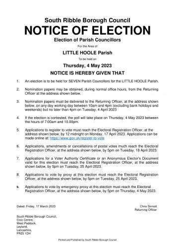 Notice of Election, Little Hoole Parish Council, Thursday 4th May 2023